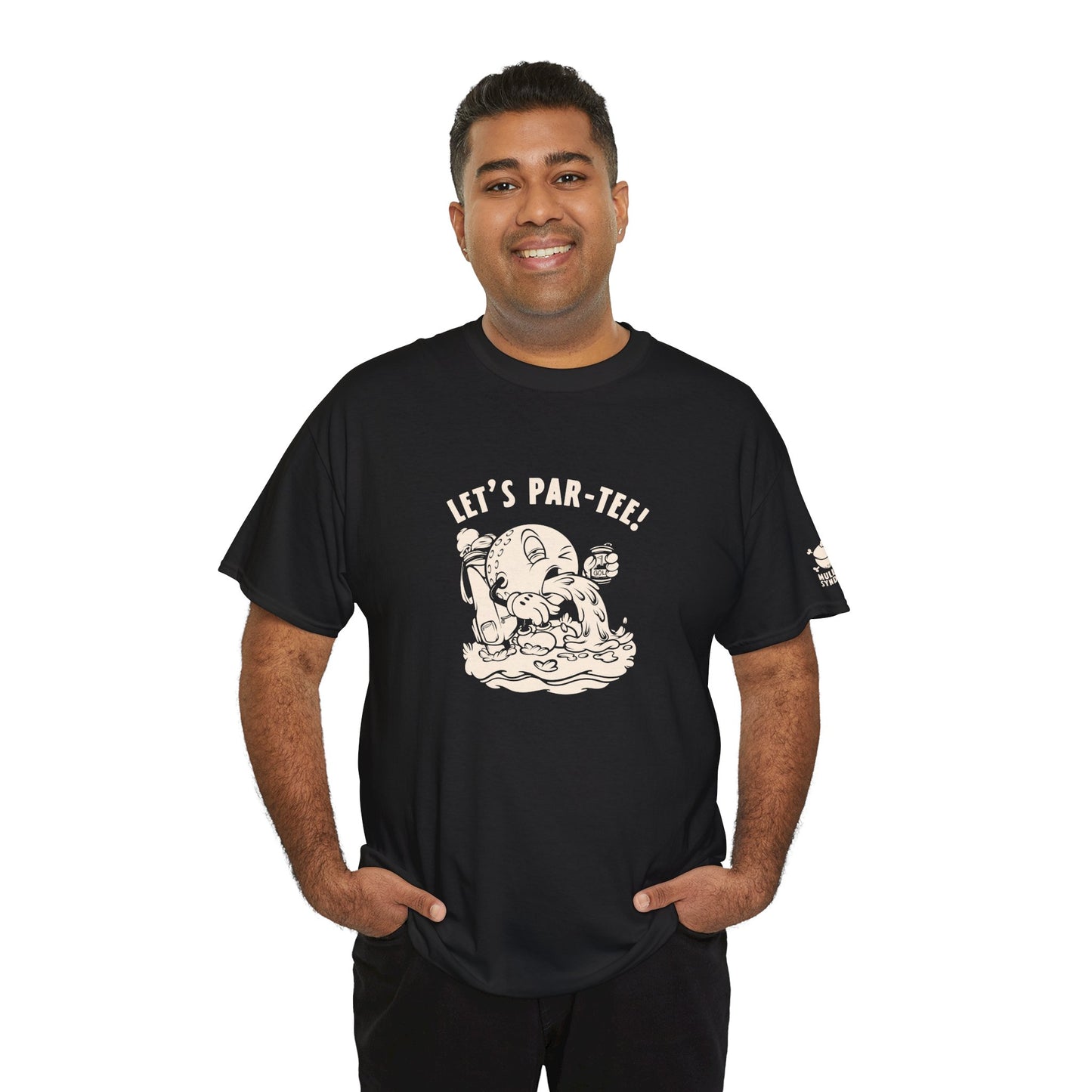 Retro Let's Par tee Funny Golfer Black Golf Shirt Front. Perfect for golfers that frustrated angry golfer that like crude sarcastic humor.