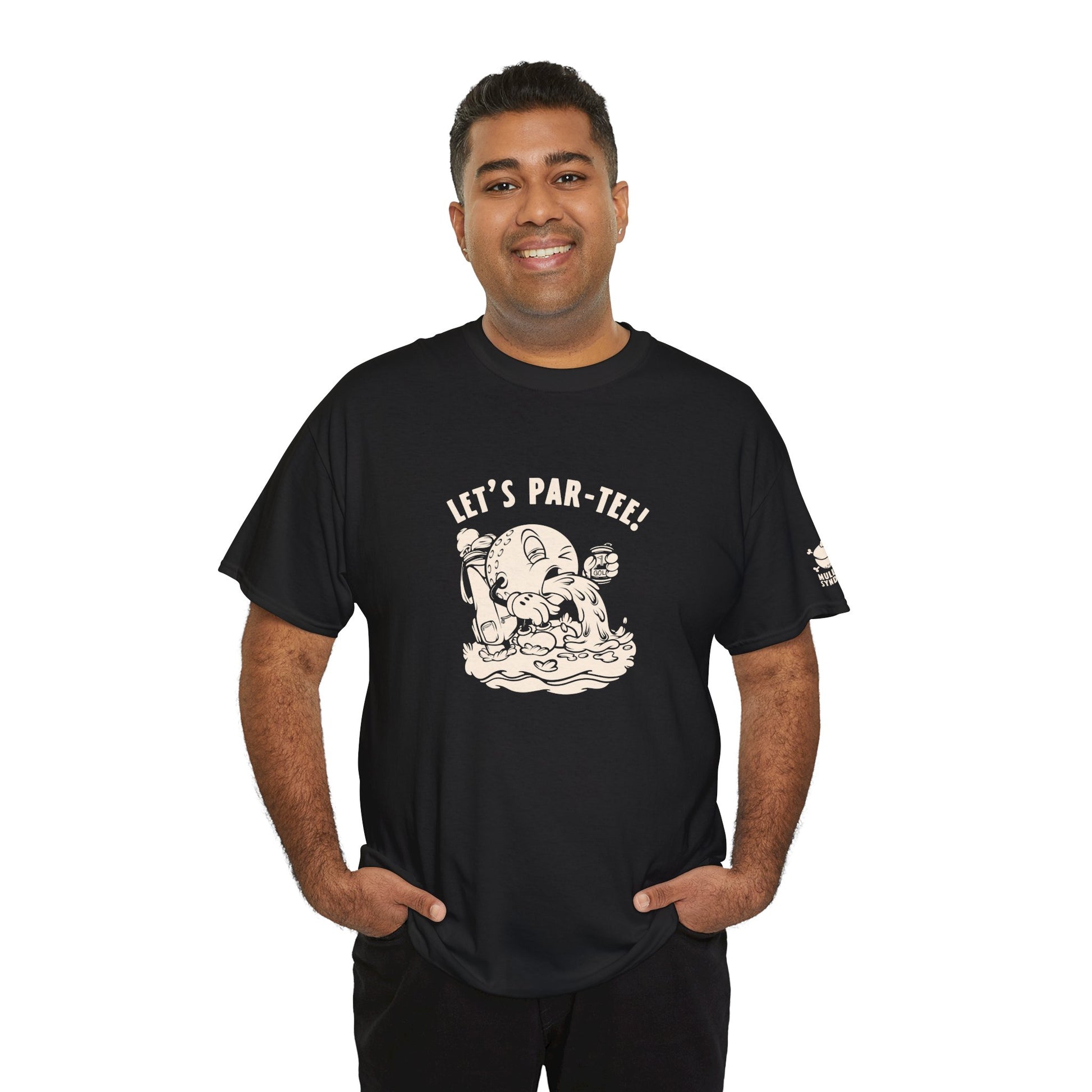Retro Let's Par tee Funny Golfer Black Golf Shirt Front. Perfect for golfers that frustrated angry golfer that like crude sarcastic humor.