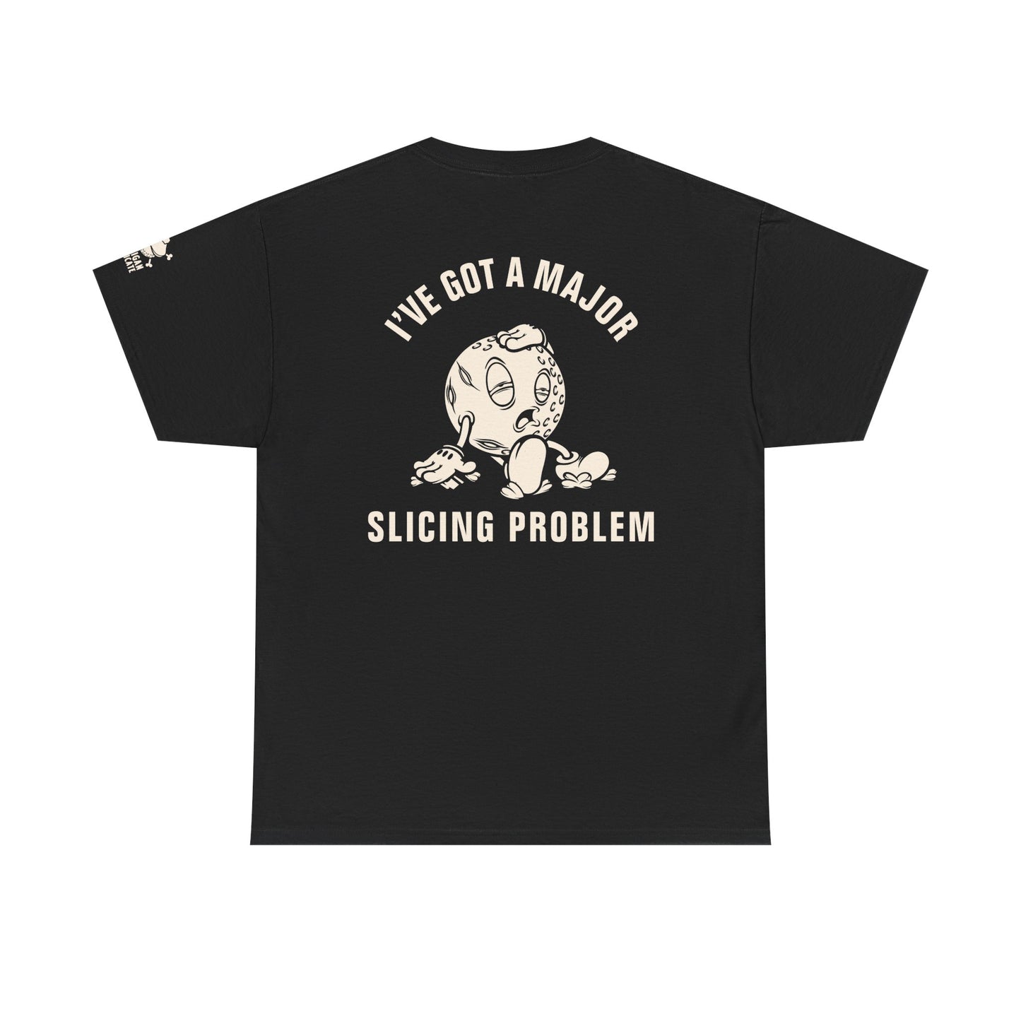 Black golfer shirt backside. "I Have A Major Slicing Problem" Retro vintage golf shirt that's for the golfer always slicing the ball. Great for the frustrated angry golfer that loves sarcastic jokes.