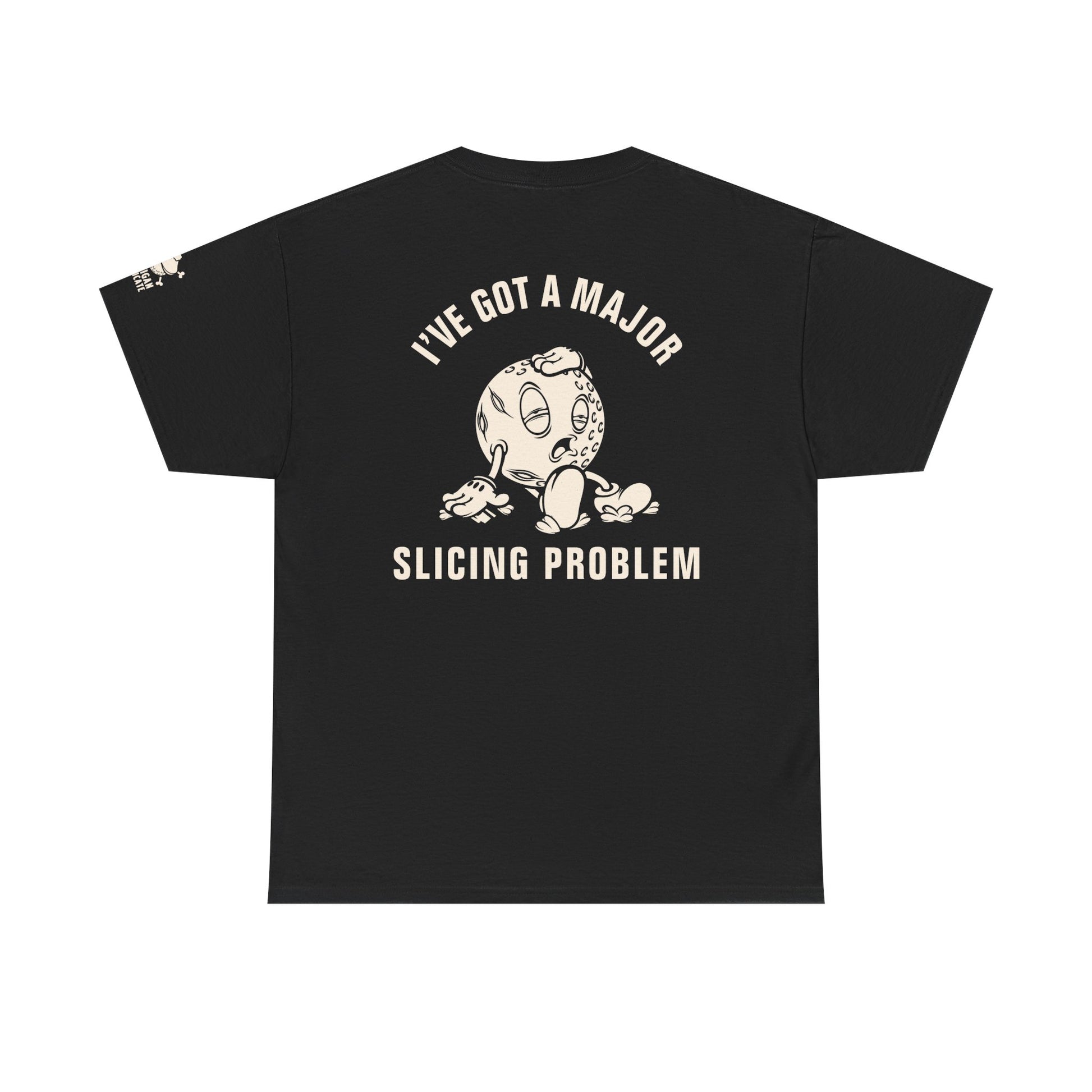 Black golfer shirt backside. "I Have A Major Slicing Problem" Retro vintage golf shirt that's for the golfer always slicing the ball. Great for the frustrated angry golfer that loves sarcastic jokes.