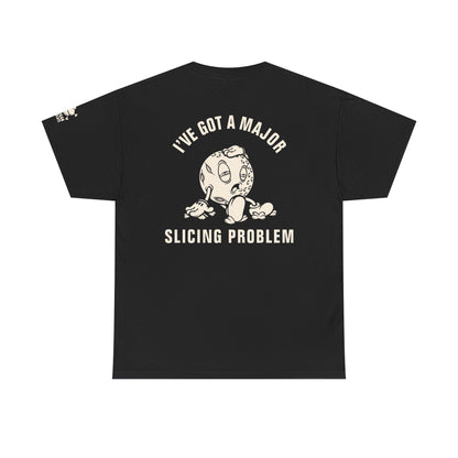 Black golfer shirt backside. "I Have A Major Slicing Problem" Retro vintage golf shirt that's for the golfer always slicing the ball. Great for the frustrated angry golfer that loves sarcastic jokes.