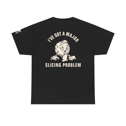 Black golfer shirt backside. "I Have A Major Slicing Problem" Retro vintage golf shirt that's for the golfer always slicing the ball. Great for the frustrated angry golfer that loves sarcastic jokes.